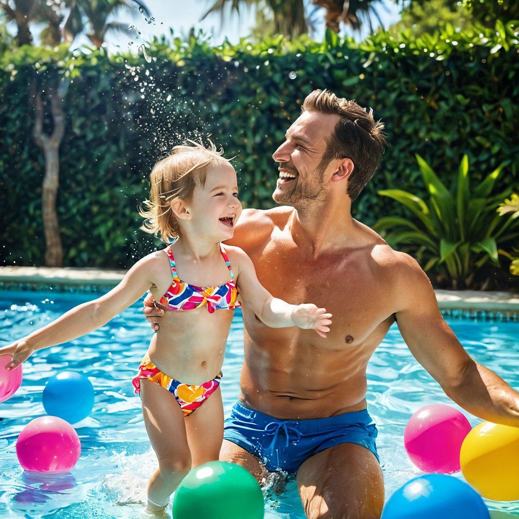 A joyful father and child splashing in a sparkling pool, surrounded by colorful swimwear fashion laid out around them. The scene captures the essence of summer with bright sun, playful water droplets, and a backdrop of lush greenery. The father's laughter and the child's delight should radiate warmth and happiness, showcasing a bond of love and carefree summer vibes. super-realistic. vibrant colors. sunny atmosphere.