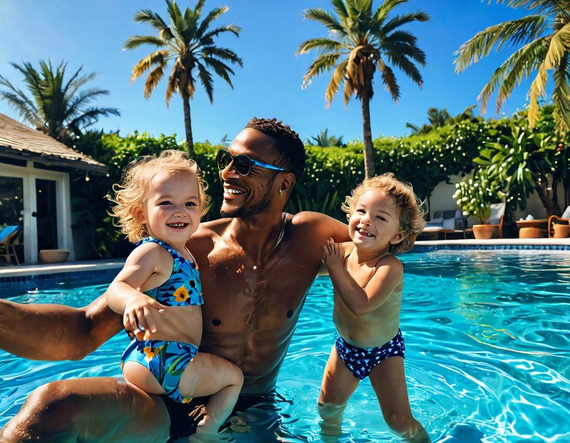 A heartwarming scene of a father and child swimming together in a vibrant blue pool, wearing stylish swimwear that reflects the latest swim fashion trends. Bubbles rise around them, symbolizing joy and connection, while sunlight casts playful reflections on the water's surface. The background features palm trees swaying in a gentle breeze, emphasizing a carefree summer vibe. A sense of love and nurturing radiates from their smiles. super-realistic. vibrant colors. bright and cheerful atmosphere.