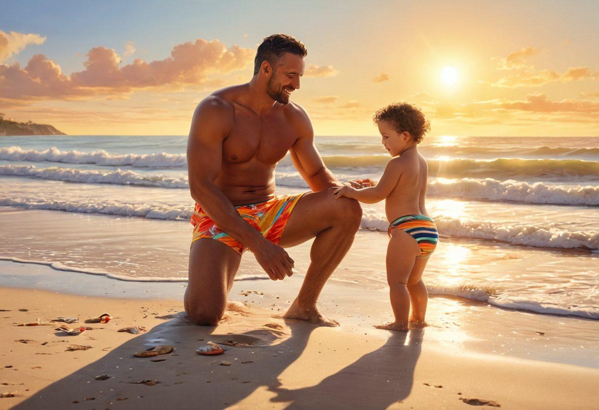 A nostalgic beach scene depicting a father in a stylish, colorful bathing suit playing joyfully with his young child in the sand, capturing the essence of bonding and fatherhood. The background features a sunny sky with gentle waves lapping at the shore, and scattered seashells for added detail, ensuring a sense of warmth and togetherness. super-realistic. vibrant colors. soft focus.